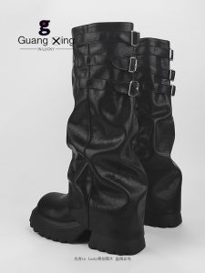 Crape Myrtle Original Pleated Long Tube Boots Womens Thick Bottom Heightening Pants Boot Knight Boot Autumn Early Thick Bottom High Heel Fashion Boots