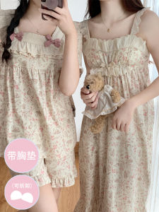 Summer Pajamas Womens Cute Sweet Nightdress Princess Style Floral with Chest Pad plus Size Homewear Suitable for Daily Wear Suit