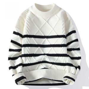 ROMON | Romon Mens Knitted Sweater Thickened Round Neck Casual Loose Fit Winter Warm Striped Long Sleeve Youthful Style Knitwear