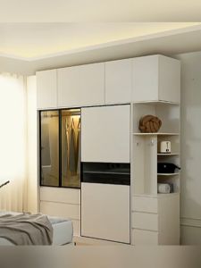 Bedroom Wardrobe Small Unit Modern Simple Wooden Wardrobe Sliding Door with  Storage Cabinet & Side Curboard