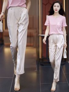 กางเกงขายาวทรงหลวมเอวสูงผ้าซาตินไหมน้ำแข็งทรงหลวมสำหรับผู้หญิงในช่วงฤดูร้อน กางเกงขายาวทรงหลวมสไตล์ฮาราจูกุ