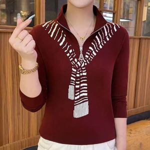 Early Autumn Stylish Trendy Top Female 2024 Selected New Half Zipper Print Long Sleeves Easiest for Match Slim Looking T-shirt Small Shirt