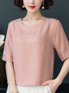 เสื้อยืดไหมสีทองฤดูร้อนสำหรับผู้หญิง เสื้อยืดคอกลมแขนสั้นทรงหลวม ปกปิดหน้าท้อง เสื้อผ้าทำงานสไตล์แม่