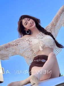 Bohemian White V-Neck Lace Knitwear Women Summer Outerwear Thin Sunshade Cover up Loose Fit Long Sleeve Short Length Pure Color