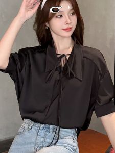 Elegant Satin Short Sleeve Shirt V-Neck Tie Waist Top for Women Summer Slimming Versatile Mini Length Pure Color Loose Fit