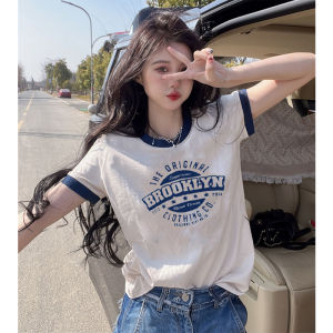 Salt Series Hong Kong Style Retro Print Color Block T-Shirt Summer New Chic Short Sleeve Womens Inner Wear Base Shirt