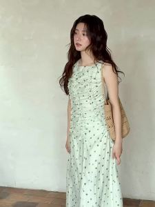 seemon | Summer Elegant Slim Fit Green Polka Dot Sleeveless Dress