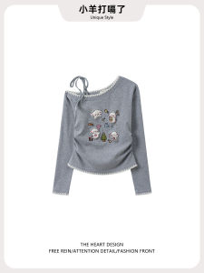 Cute Embroidered Belted Shoulder T-Shirt Womens Slim Fit Long Sleeve Base Shirt Autumn Winter New Style Creative Pattern Cotton