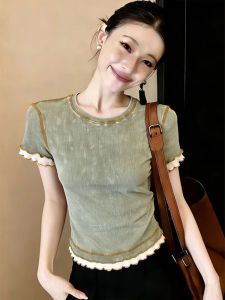 DUOFEIYAN | Áo Thun Hè Ôm Body Cổ Tròn Ren Xanh Vintage