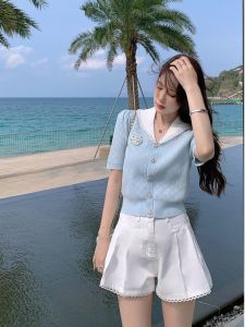 Nanyang Qianjin Short Sleeve Knitted Sweater Womens Summer New French Lady High-End Feeling Elegance Top Polo Collar Single Button