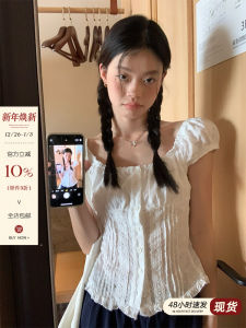 Loose Lace Short Sleeve Womens Shirt Bubble Sleeve Two-Way Design Beautiful Top Korean Style Summer White Sòng Zhèngēn