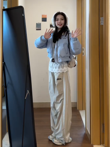 กางเกงขายาวทรงหลวมเอวสูงสไตล์อเมริกันสำหรับผู้หญิง กางเกงขายาวทรงหลวมสไตล์สตรีทสไตล์อเมริกันสำหรับฤดูใบไม้ผลิปี 2025