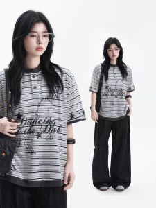 zuocisankon | American Retro Youth Color-blocking Henry Collar Striped T-Shirt