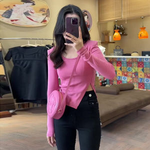 Pink Square Collar Slim Fit Short Sleeve Long T-Shirt Womens Base Shirt Spring New Style Asymmetrical Slit Korean Version