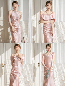 Pink Satin Maids of Honor Dress Elegant mid Waist Fish Tail Gown for Wedding Sister Group Formal Occasion Wear Polyester Fiber