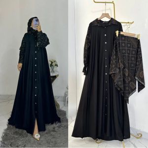 Abaya Batik Set Hijab Wanita Gamis Umpak Combinasi Lebaran Terbaru 2024