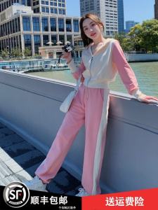 Pink Color Block Sweatshirt Set Womens Spring Summer Casual Loose Two Piece Set Korean Style Sportswear for Small Figures