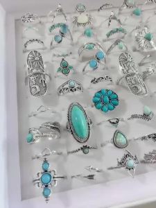 10/18/20/30/50Pieces Vintage Fashion Turquoise Rings Set For Women Mix Style Retro Bohemian Geometry Jewelry Party Gifts