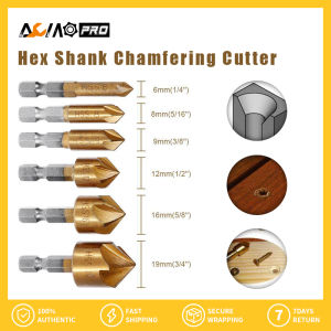 AumoPro 6ชิ้น Countersink ชุดบิต1/4 ก้านหกเหลี่ยม HSS 5ฟลุตเครื่องตัดเกลียว90องศาเครื่องตัดมุมไม้คมด้ามจับหกเหลี่ยมชุบไทเทเนียมคมตัดดอกคว้านรูขูดหัวเจาะเปิด6-19มม.