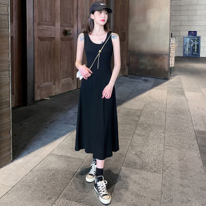 Ice Silk Vest Dress Womens Spring Summer Slimming Black Dress Elegance Sleeveless Base Long Skirt Korean Style High Waist