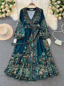 Vintage Court Style Lantern Long Sleeve V Neck Waist-Controlled Lace-up A- line Printed Dress Elegance Formal Swing Dress Long Skirt