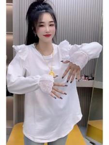 Autumn 2025 New Design Long Sleeve Lace Splicing T-Shirt Womens Casual Slimming Base Shirt round Neck Straight Cut Top