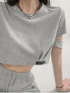 Áo Thun Nữ Tay Lửng Rộng Rãi Hở Bụng Phong Cách Đường Phố Mùa Hè Thường Ngày Cổ Tròn Ngắn