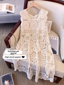 French Lace Hollow Knitted Vest Women Summer Large Size Fat MM Irregular Long Outer Shirt Sleeveless Top Commute Style Loose Fit