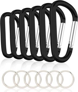 6PCS Big Size Black Carabiner Caribeaner Clip3" Large Aluminum D Ring Shape Carabeaner with 6PCS Keyring Keychain Hook