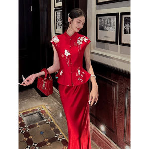 AXU | Red Satin Cheongsam Dress Set New Chinese Style Engagement Drinking Ceremony Womens Summer Fashion Retro Ensemble Two-Piece Suit