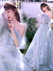 Fairy Evening Dress for Women Fancy Blue off-Shoulder Daily Style Host Birthday Dress French Minority Graduation