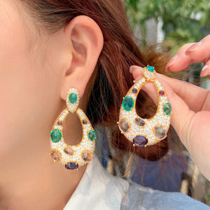 SEQUITO Luxury Women Yellow Gold Plated Jewelry Pave Setting Multicolor AAA Cubic Zircon High Quality Cookie Shape Big Long Drop Evening Party Earrings SE759