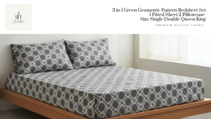 SevHome 3 in 1 Green Geometric Pattern Bedding Set Bedsheet Garterized Bed Sheet 1 Fitted Sheet cover 2 Pillow Case Size Single Double Queen King