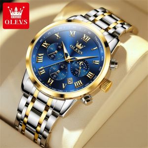 OLEVS Watch For Men 2024 New Luxury Stainless Steel Multifunctional Moon Phase Chronograph Waterproof Original Calendar Luminous