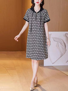 Houndstooth Hooded Casual Straight-leg Xiangyun Yarn Silk Dress Middle-Aged Mom Summer Clothes New Arrival Mulberry Silk Skirt