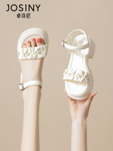 Josiny Thick Heel Sandals Womens New 2025 Summer Outdoor Wear Pearl Comfortable Fairy Style Casual Low Cut PU Upgraded Version