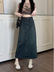 High Waist Denim Midi Skirt Womens Spring Autumn plus Size Cover Hip A-Line Skirt Vintage Slit Jeans Half Body Skirt