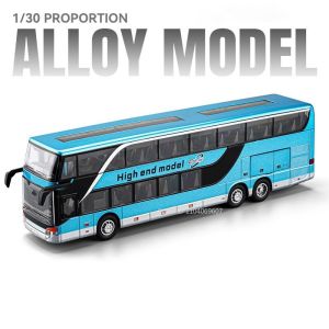 1:30 Long-distance Double-deck Bus Model Toys Alloy Diecast Mini Business Buses Sound Light Door Opened Pull Back for Kids Gifts