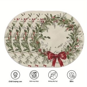 Bộ Khăn Trải Bàn Vòng Hoa Giáng Sinh 4 Món VIKAMA Dành Cho Các Buổi Họp Mặt Gia Đình Và Các Bữa Tiệc Ngày Lễ - Phụ Kiện Trang Trí Bàn Bằng Vải Polyester Không Dệt
