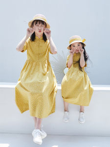 Spring Summer Cotton Print Lightweight Midi Sleeve Girls Holiday Photo Matching Mother Daughter Dress Artistic Style High Waist