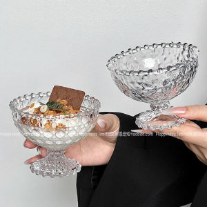 Sweet Dessert Bowl Ice Cream Sundae Glass Cup Juice Cup Short Foot Bead Edge Transparent Glass Beverage Cup for All Seasons