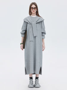 Shuen Heavyweight 280g Hooded Shawl Long Sleeve Sweatshirt Dress Autumn Floral Grey Loose Long Dress Korean Style Commute