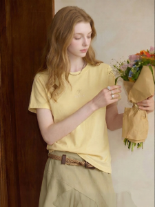 Slimming Simple Womens T-shirt Yellow Round Neck Short Sleeve