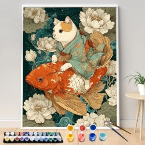 Bandai | Hand Paint A Cat Riding A Koi Painting By Numbers Kit DIY Acrylic Artwork Canvas Art Gift Home Decoration