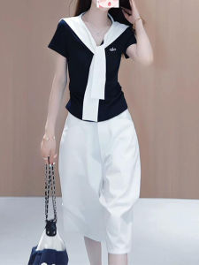 Shalldoer | Retro Hong Kong Style Short Sleeve T-Shirt And Wide Leg Pants Two-Piece Set For Women V-Neck Navy Collar Embroidery Summer Outfit