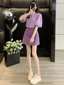 Purple Casual Shirt Short Sleeve Denim Skirt Set Womens Summer 2025 New Small Size Half-length Skirt Two-piece Suit