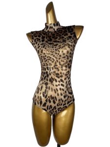 Latin Dance Leopard Print Mesh Bodysuit Womens High Collar Sleeveless Training Top Printed Vest Upper Apparel Fitness Wear