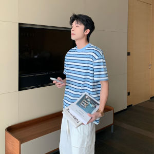 HUALUNDESIGN | Áo Thun Nam Cotton Cổ Tròn Tay Ngắn Sọc Xanh Đèn Cho Mùa Hè