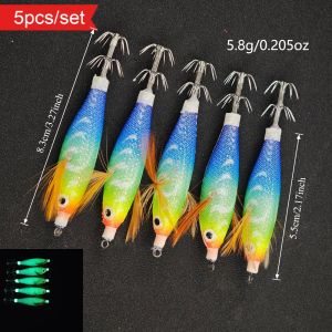 5pcs/set Cloth Wrapped Squid Jigs Egi 8cm Glow Wood Shrimp Lure UV Luminous Egi Bait Realistic Feather Wing Octopus Hooks Tackle