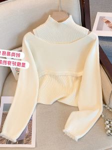 French Style Womens Knitted Sweater Vest Two-Piece Set Long Sleeve Half High Collar Slim Fit Base Layer Inner Wear Outerwear